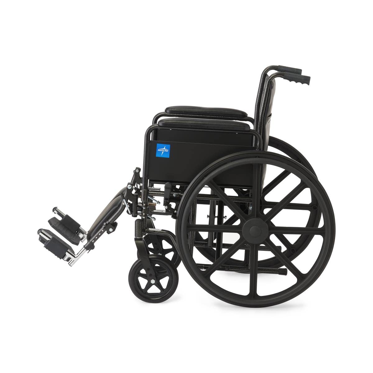 Vinyl Wheelchair with Full-Length Arms and Elevating Leg Rests, 18-Inch Wide Seat, Black J21743