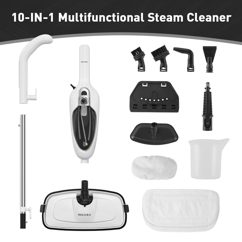 White 10-in-1 Detachable Steam Mop with 3 Microfiber Pads N4038