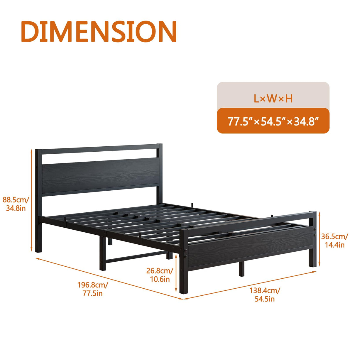 Black Full Size Bed Frame with Wood Headboard and Storage E493