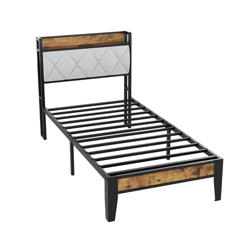 Twin Bed Frame with Headboard and Charging Plug T8539
