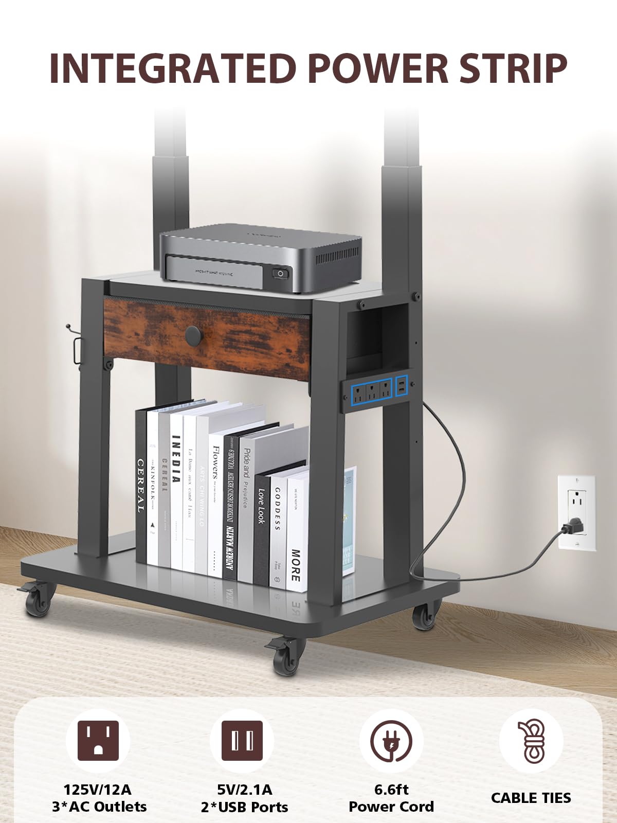Black Rolling TV Stand with Power Outlet for 32-75 Inch Screens Q682