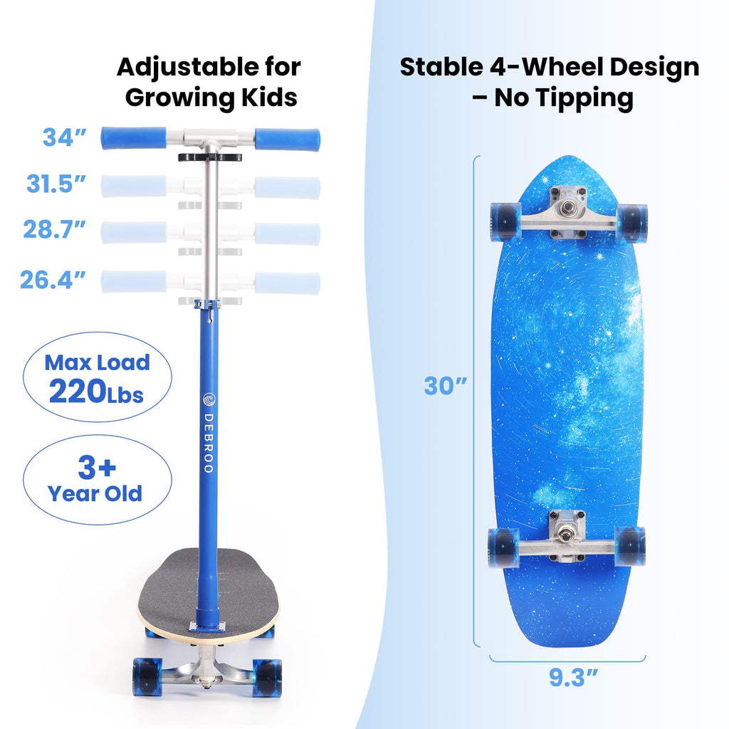 2-in-1 Kids Skateboard & Scooter with LED Light-Up Wheels, Adjustable Height, Blue O293