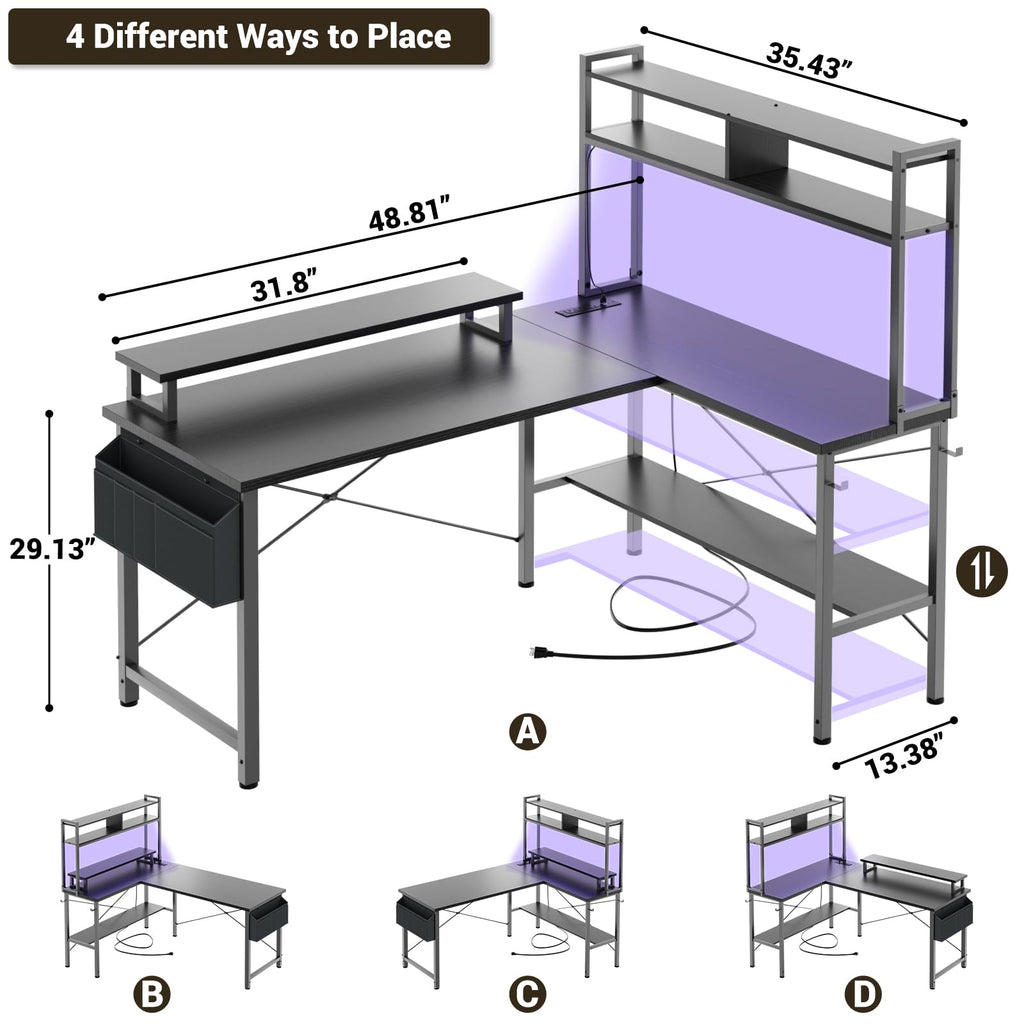 L Shaped Gaming Desk with Power Outlets & LED Lights, Black P177483