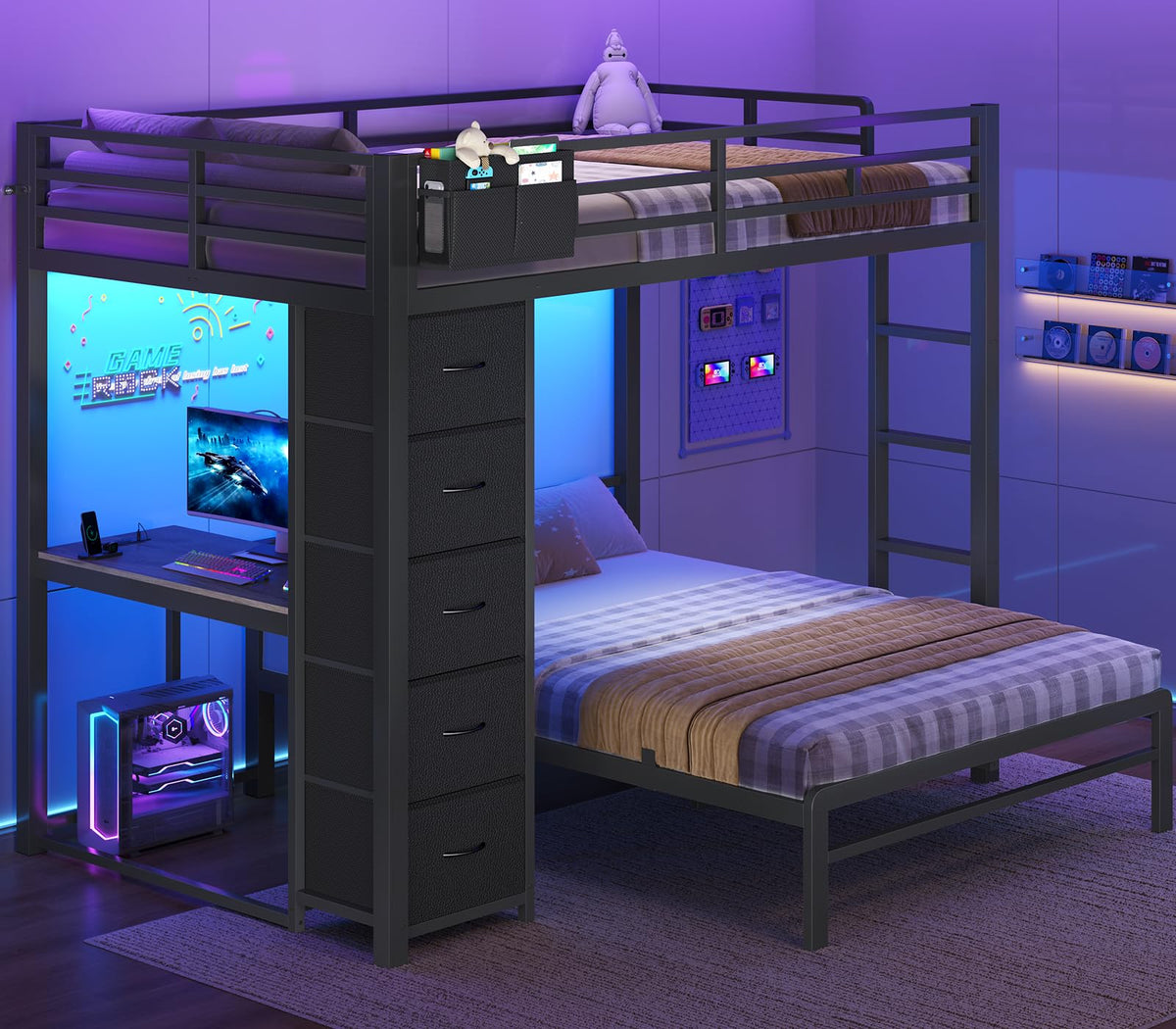 Full Size Bunk Bed with Desk, 5 Drawers, Black Q302579