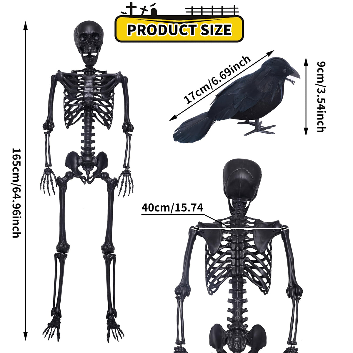 5.4Ft Posable Skeleton with Movable Joints and 2PC Black Feathered Crows X6026