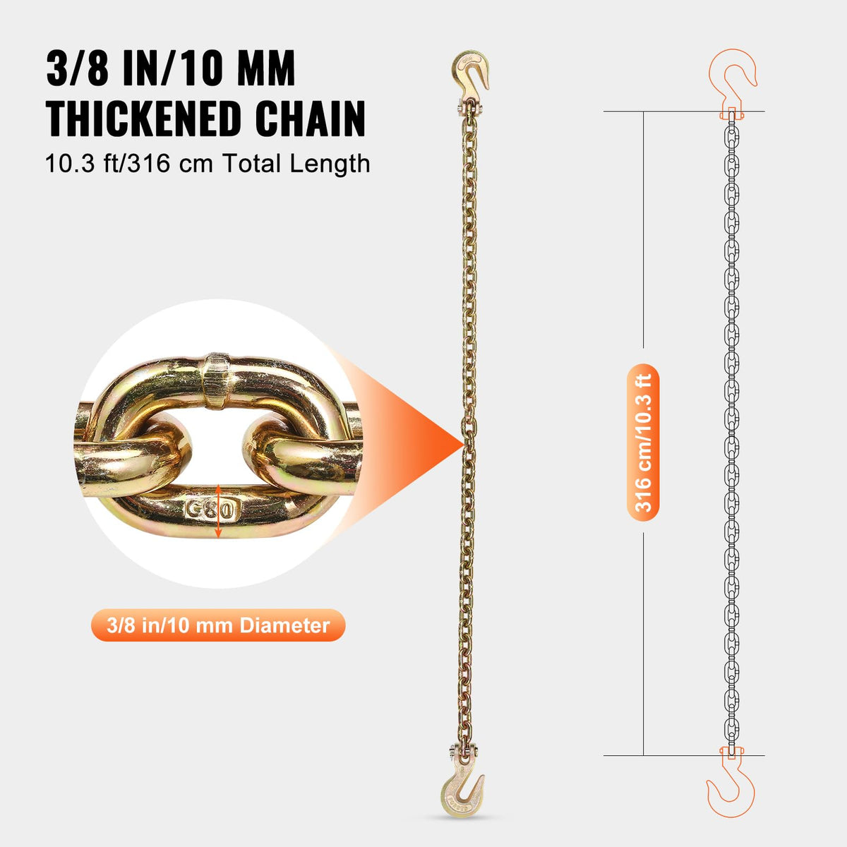 3/8" x 10.3' 2-Pack Tow Chain with Clevis Grab Hooks U911027