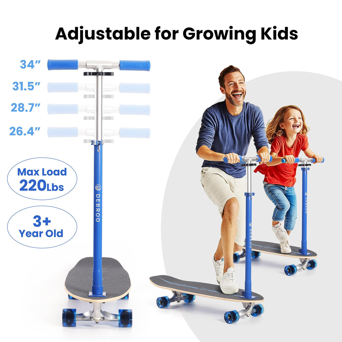 2-in-1 Kids Skateboard & Scooter with LED Light-Up Wheels, Adjustable Height, Blue O293