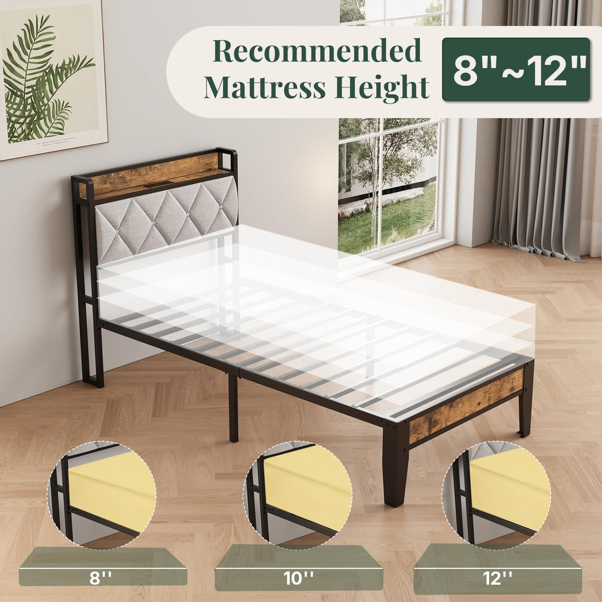 Twin Bed Frame with Headboard and Charging Plug T8539