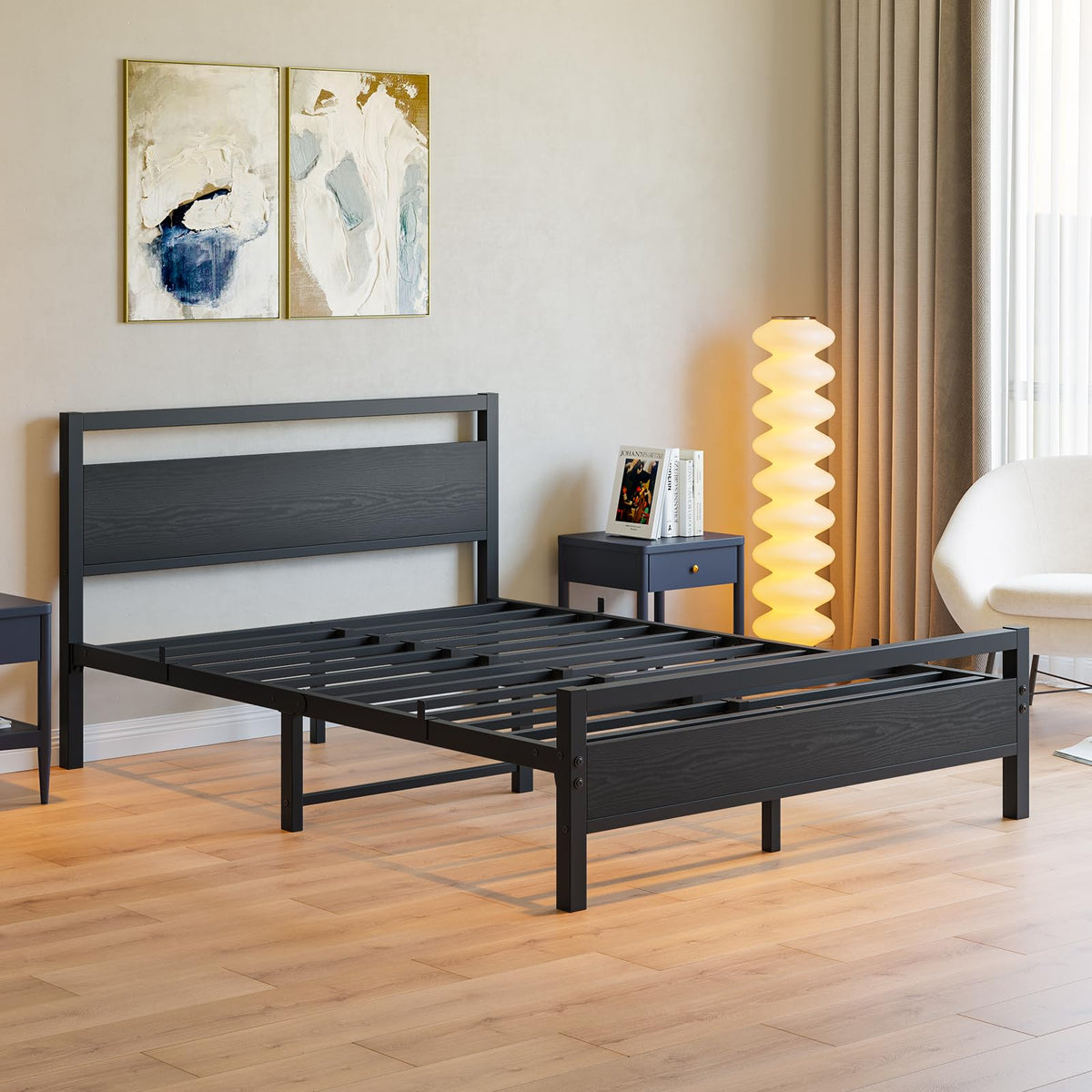 Black Full Size Bed Frame with Wood Headboard and Storage E493