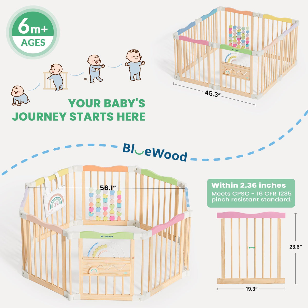 Foldable Wooden Baby Playpen, 45 x 45 x 24 inches T840