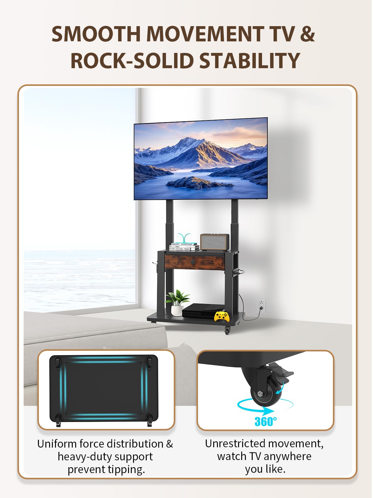 Black Rolling TV Stand with Power Outlet for 32-75 Inch Screens Q682
