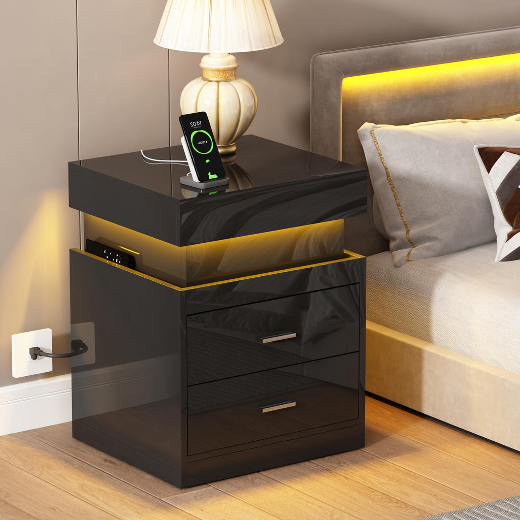 LED Nightstand with Charging Station and Sliding Storage C4187