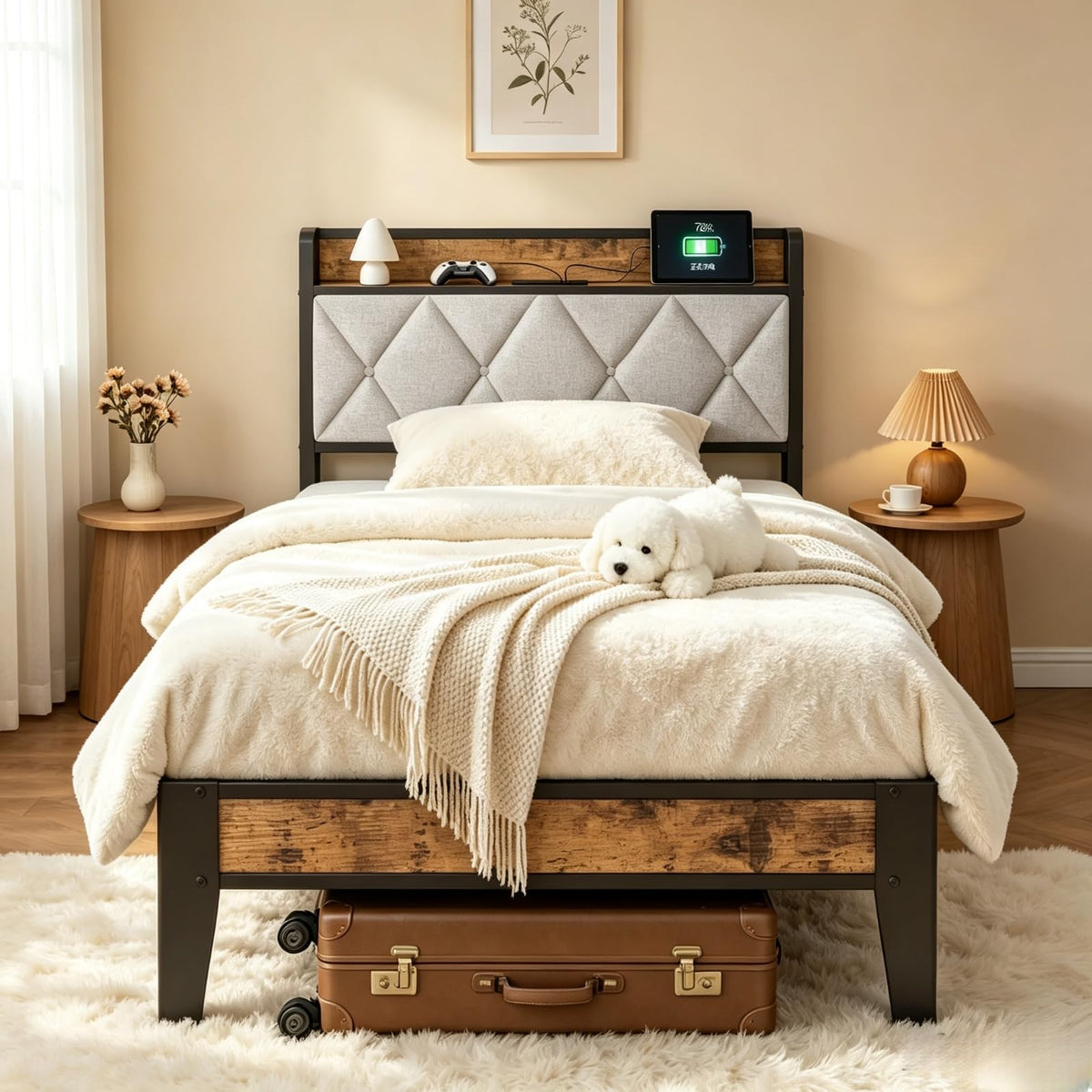 Twin Bed Frame with Headboard and Charging Plug T8539