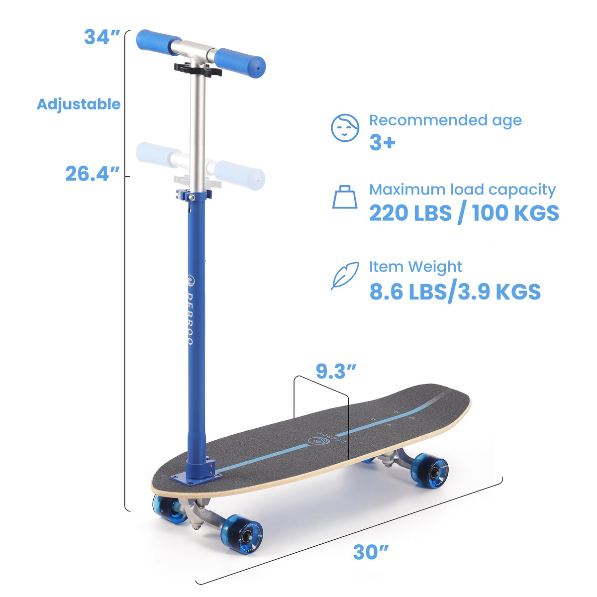 2-in-1 Kids Skateboard & Scooter with LED Light-Up Wheels, Adjustable Height, Blue O293