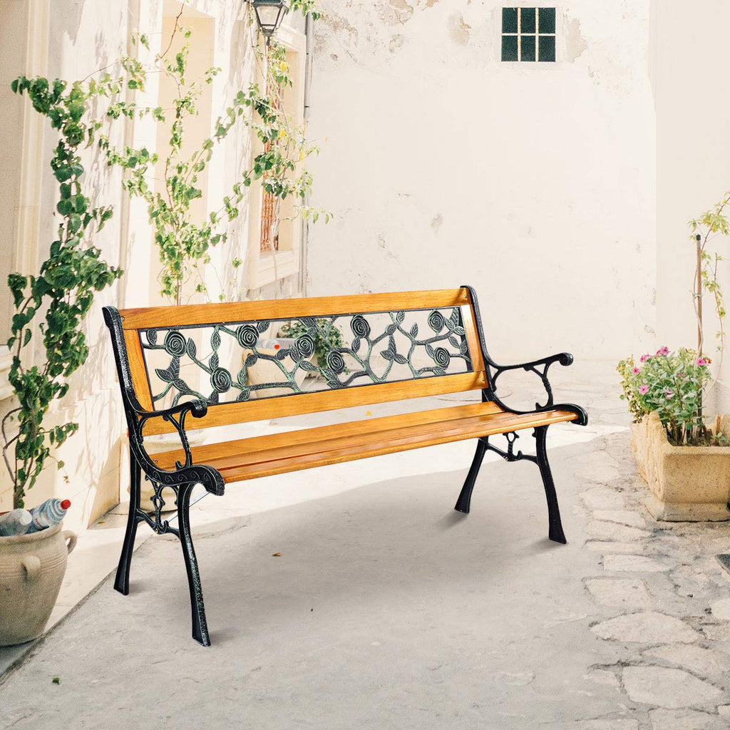 Outdoor Garden Bench with Rose Cast Backrest and Metal Legs H91445
