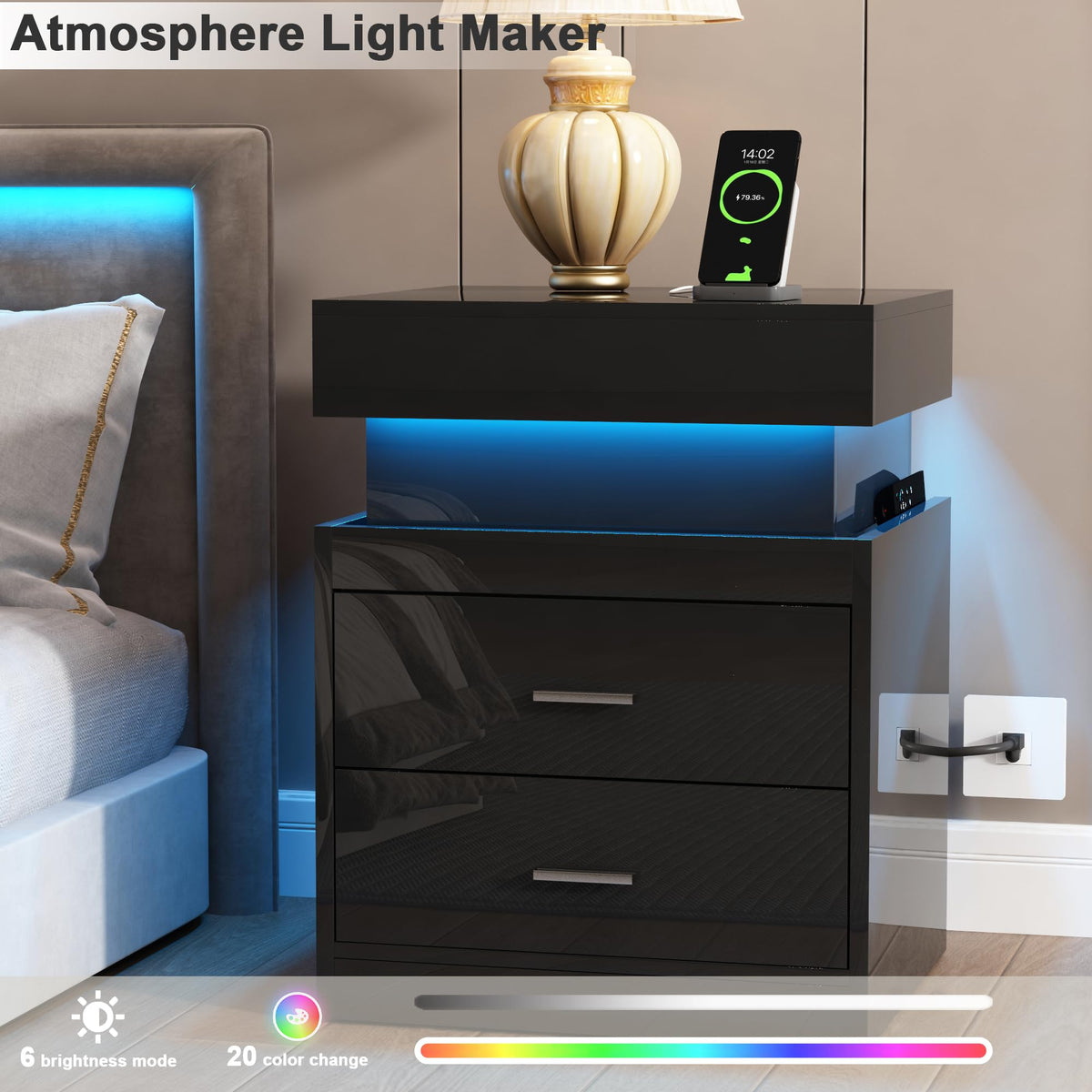 LED Nightstand with Charging Station and Sliding Storage C4187