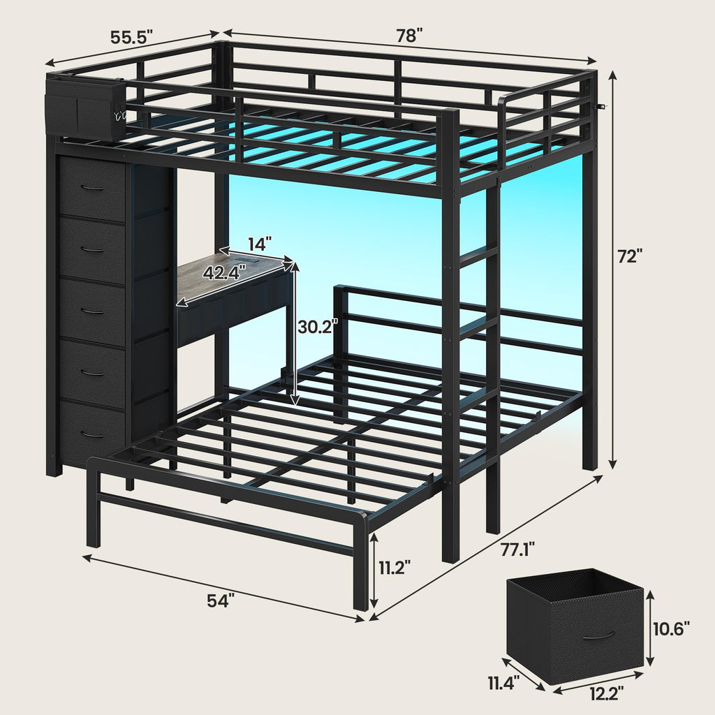 Full Size Bunk Bed with Desk, 5 Drawers, Black Q302579