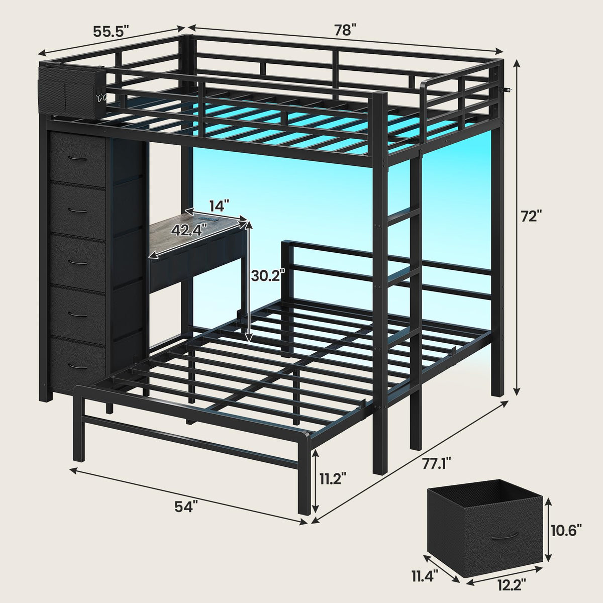Full Size Bunk Bed with Desk, 5 Drawers, Black Q302579