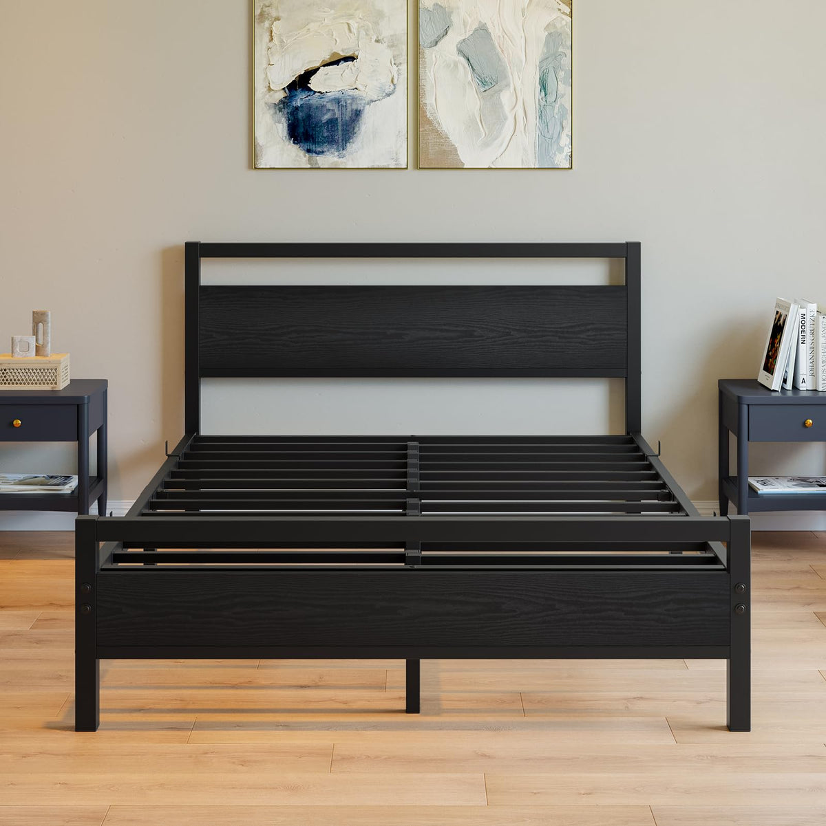 Black Full Size Bed Frame with Wood Headboard and Storage E493