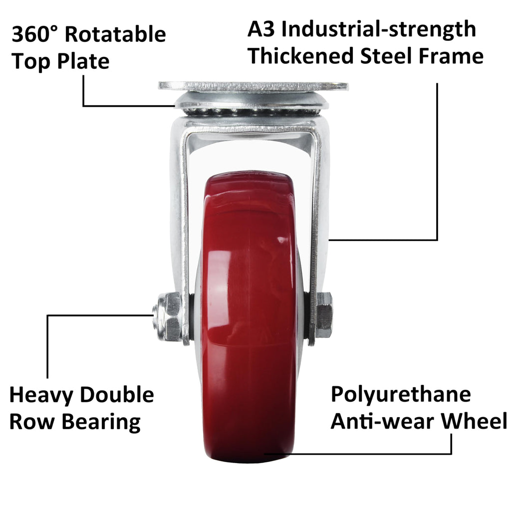 4” Swivel Plate Casters Set of 4 Heavy Duty Polyurethane Wheels Red Z361