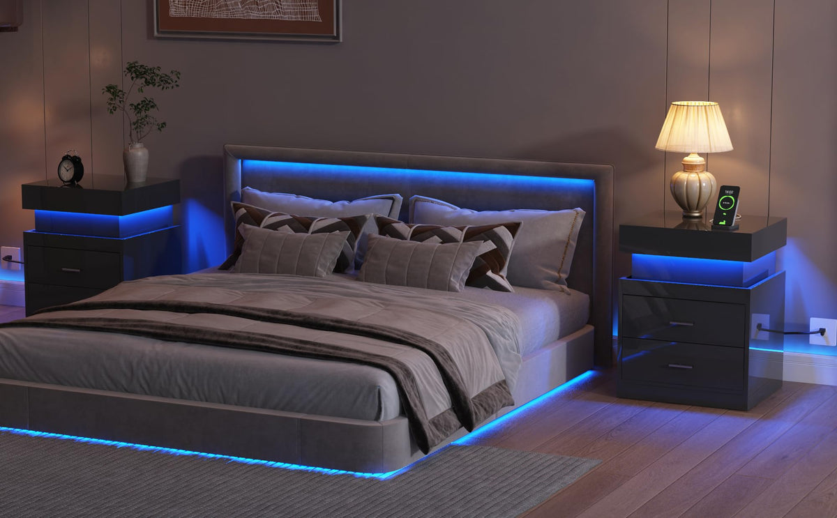 LED Nightstand with Charging Station and Sliding Storage C4187