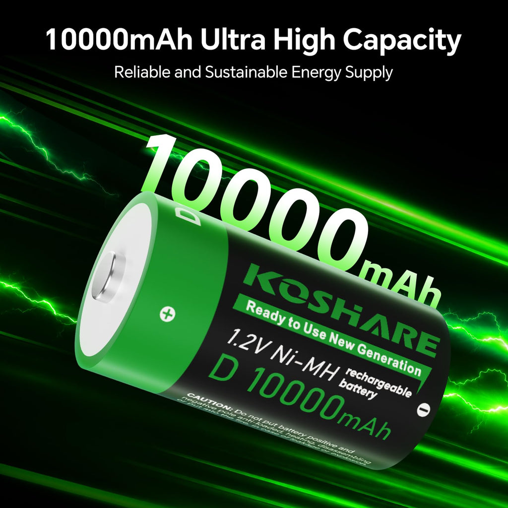 4 Pack 10000mAh Rechargeable NiMH D Cell Batteries with Charger E193