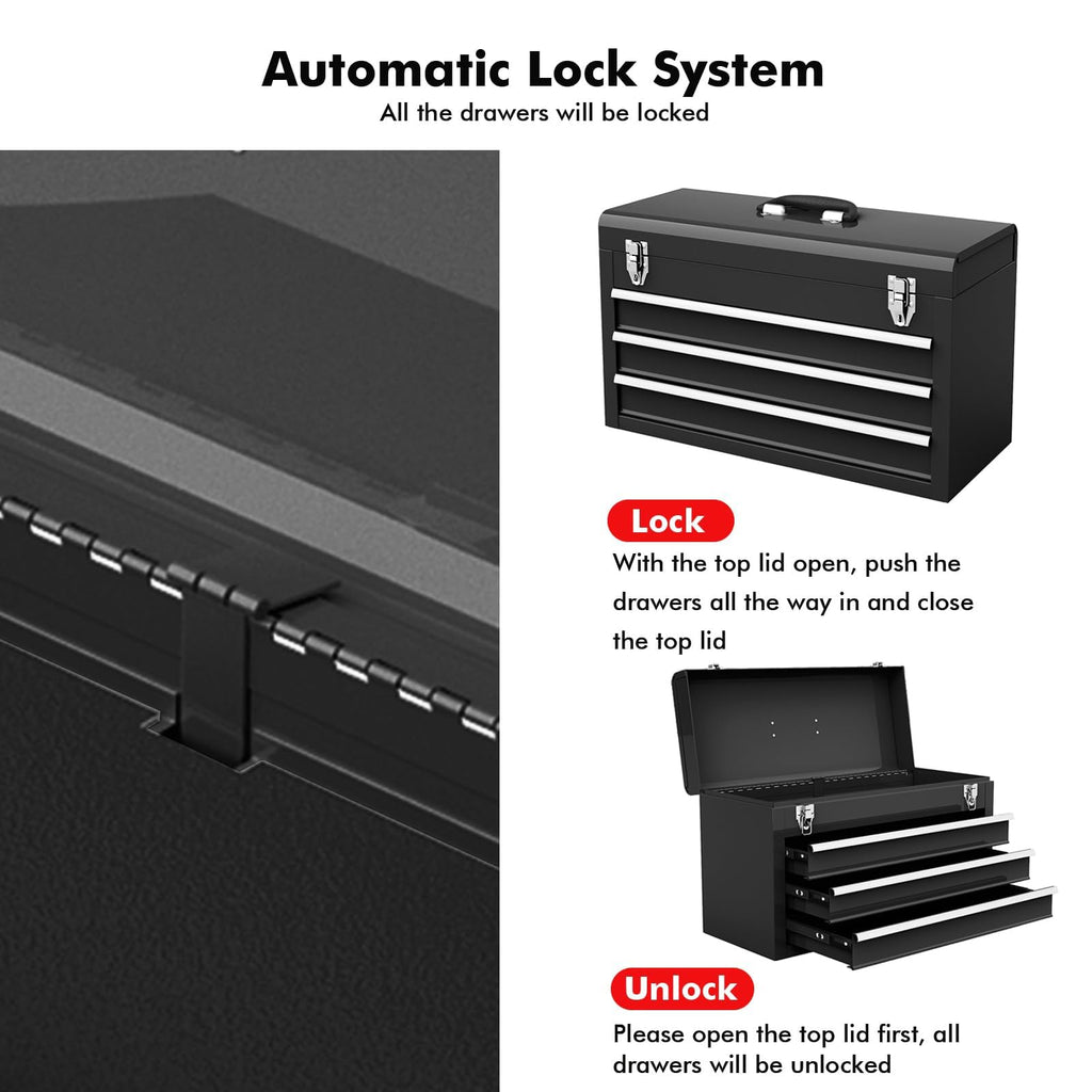 Portable Metal 3 Drawer Lockable Tool Box Y905940