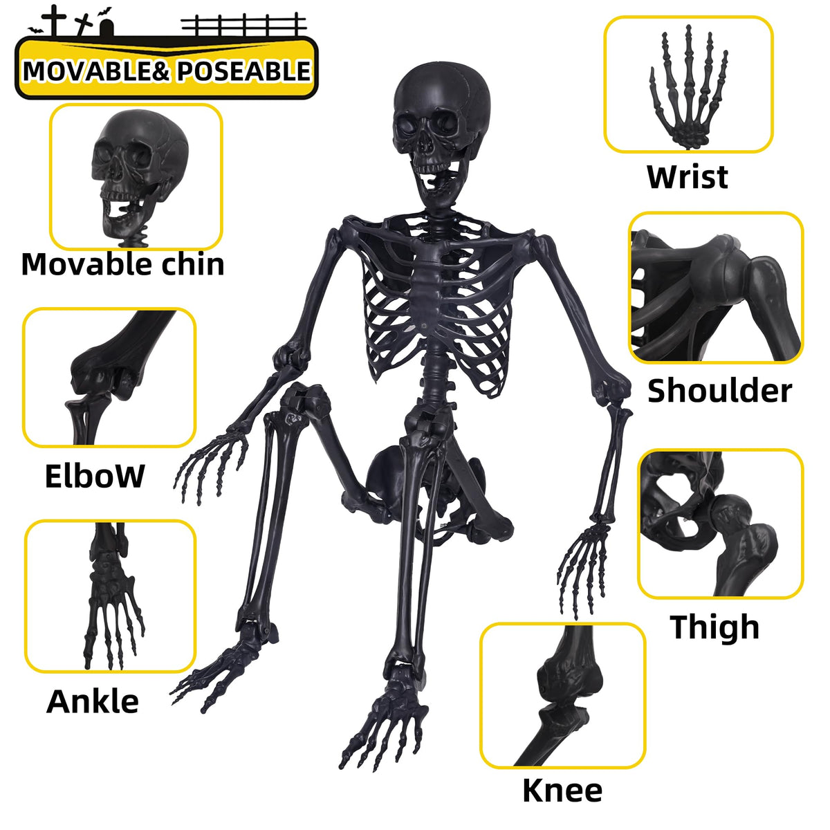5.4Ft Posable Skeleton with Movable Joints and 2PC Black Feathered Crows X6026