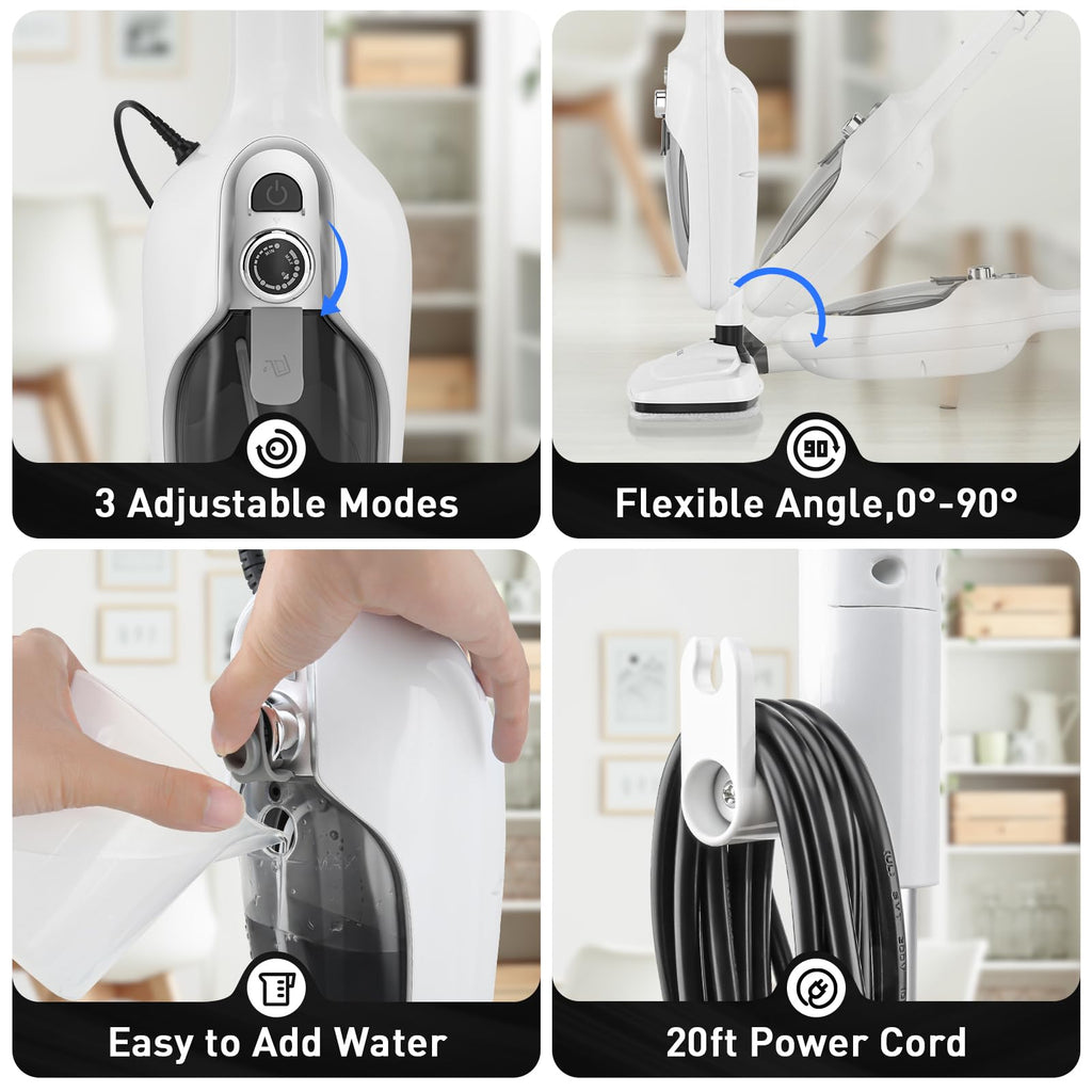 White 10-in-1 Detachable Steam Mop with 3 Microfiber Pads N4038