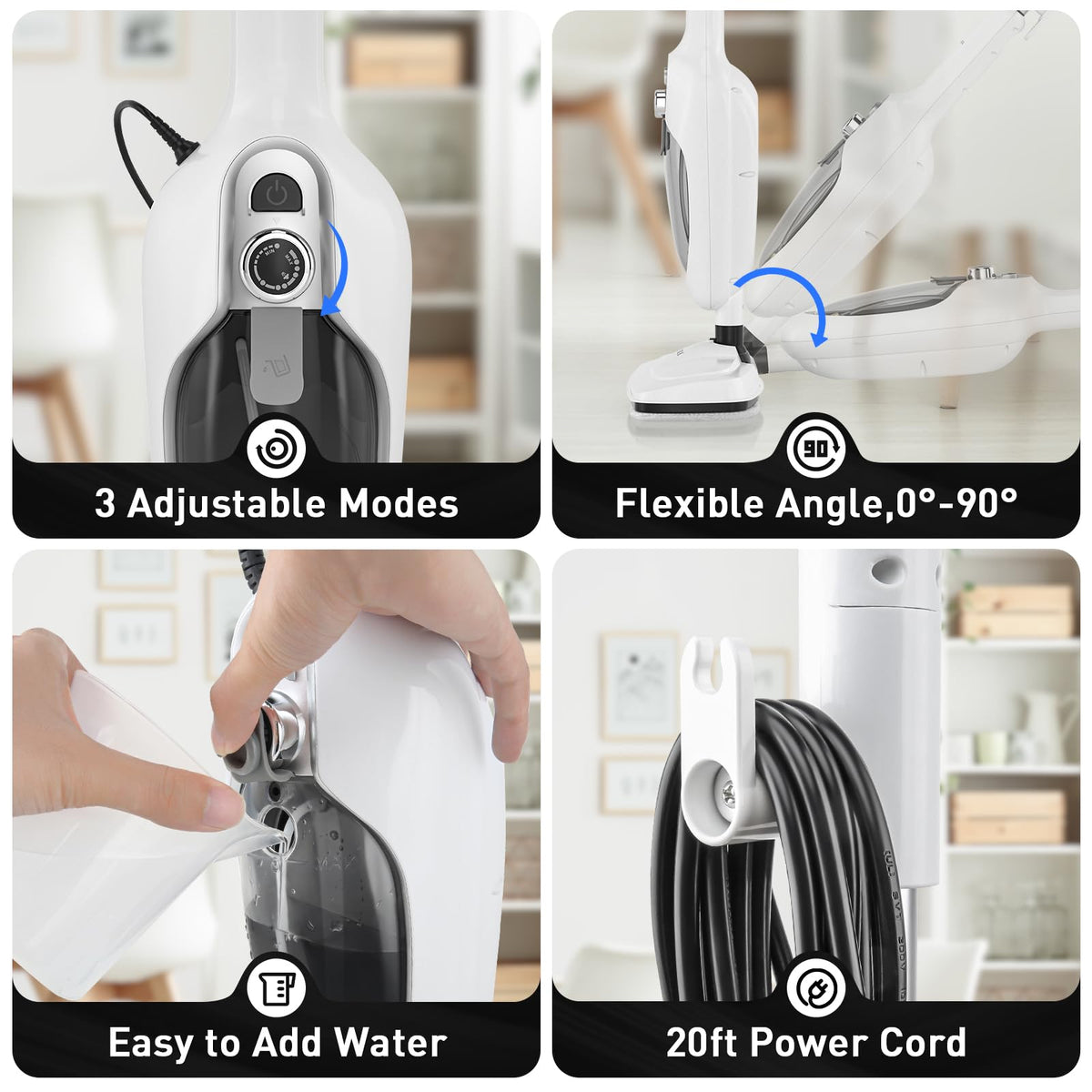 White 10-in-1 Detachable Steam Mop with 3 Microfiber Pads N4038