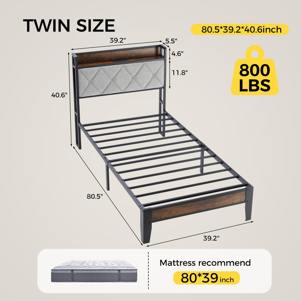 Twin Bed Frame with Headboard and Charging Plug T8539