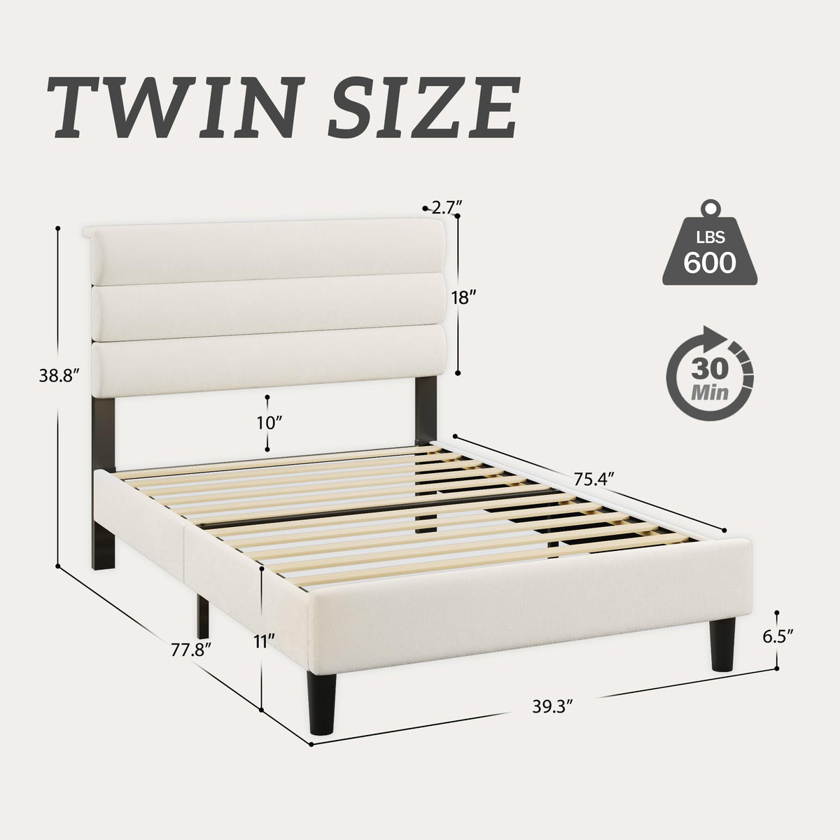Beige Velvet Upholstered Twin Platform Bed Frame L544