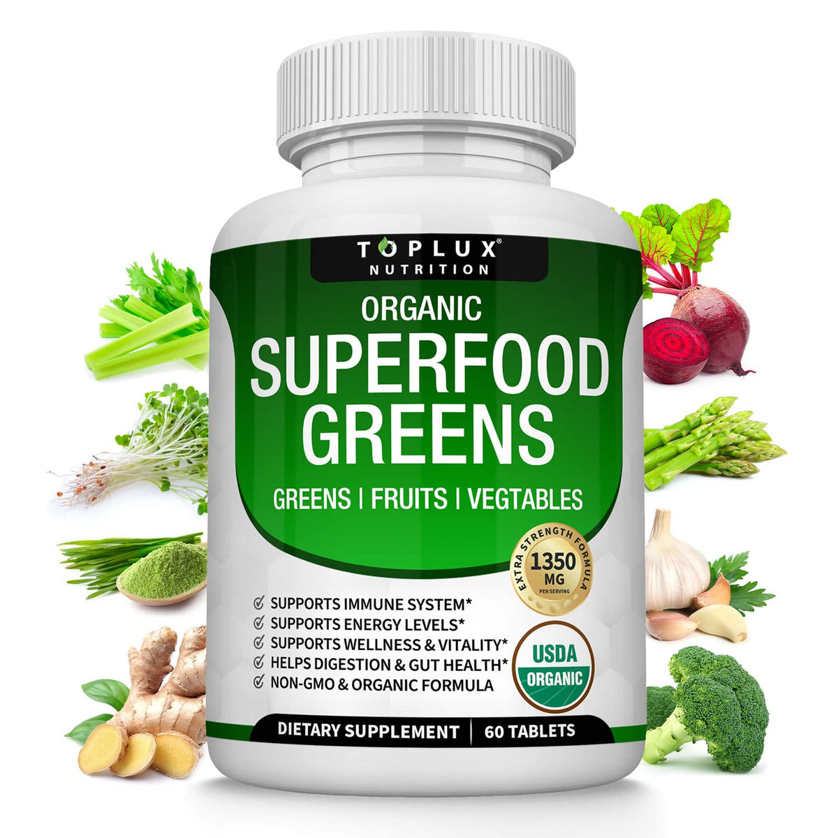 Organic Super Greens Capsules Superfood Supplement 60 Tablets J6003