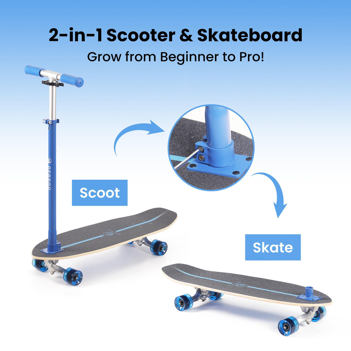 2-in-1 Kids Skateboard & Scooter with LED Light-Up Wheels, Adjustable Height, Blue O293