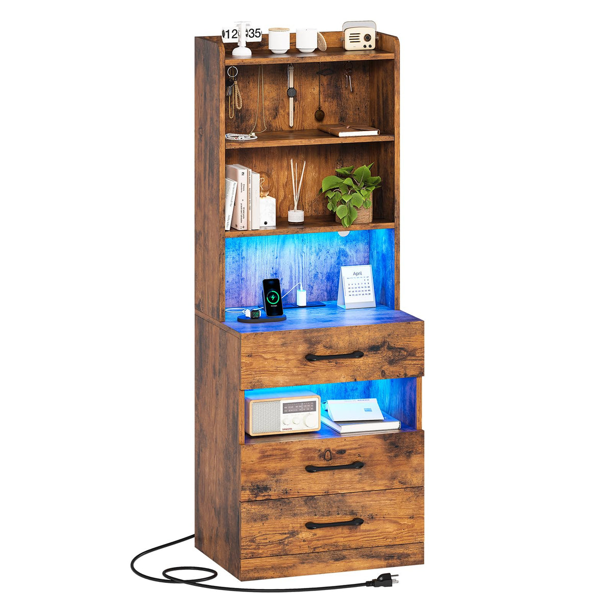 Tall Nightstand with Charging Station and LED Lights, 3 Drawers, Bookshelf J874795