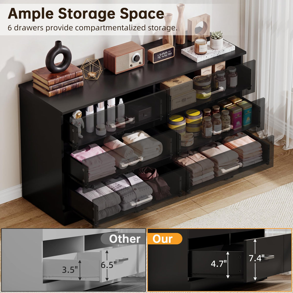 6 Drawer Dark Black Dresser V9421