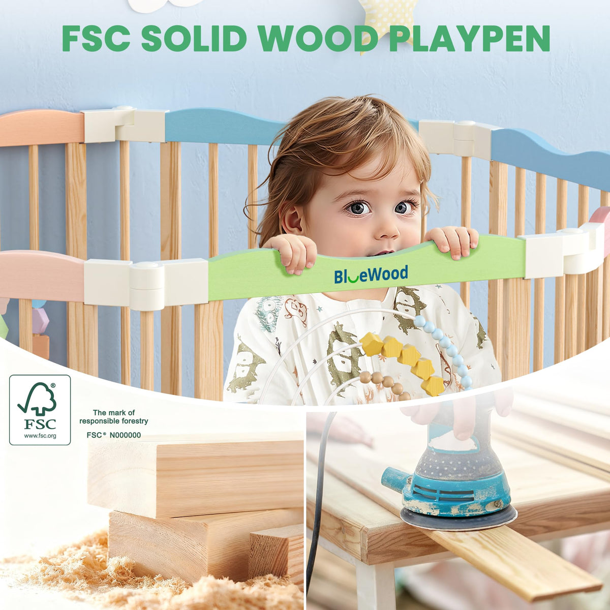 Foldable Wooden Baby Playpen, 45 x 45 x 24 inches T840
