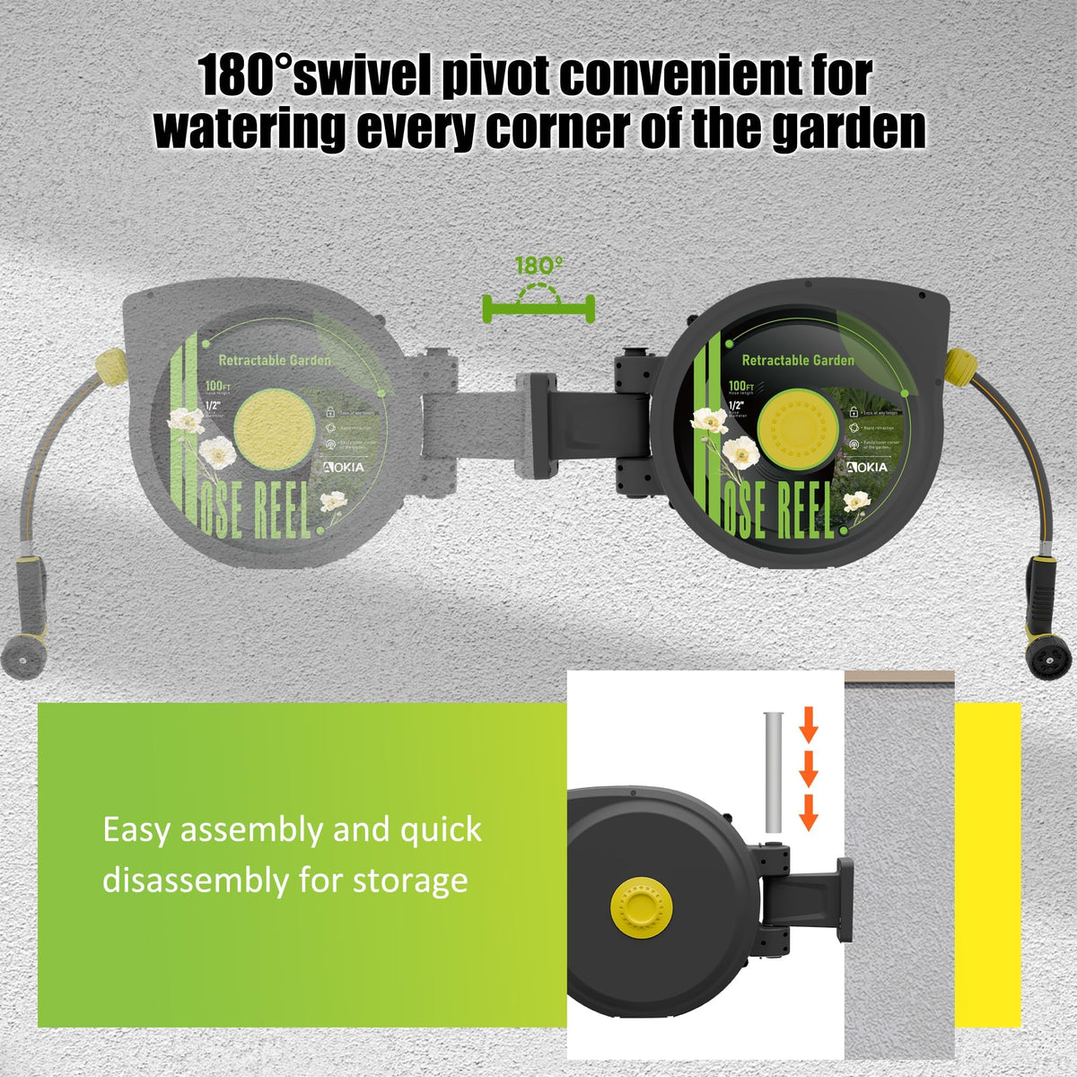 Retractable Garden Hose Reel, 1/2 in x 100 ft Wall Mounted Heavy Duty with 9 Patterns Nozzle M93253