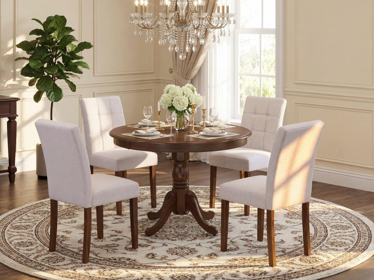 5 Piece Mid Century Dining Table Set with 4 Beige Fabric Chairs R415