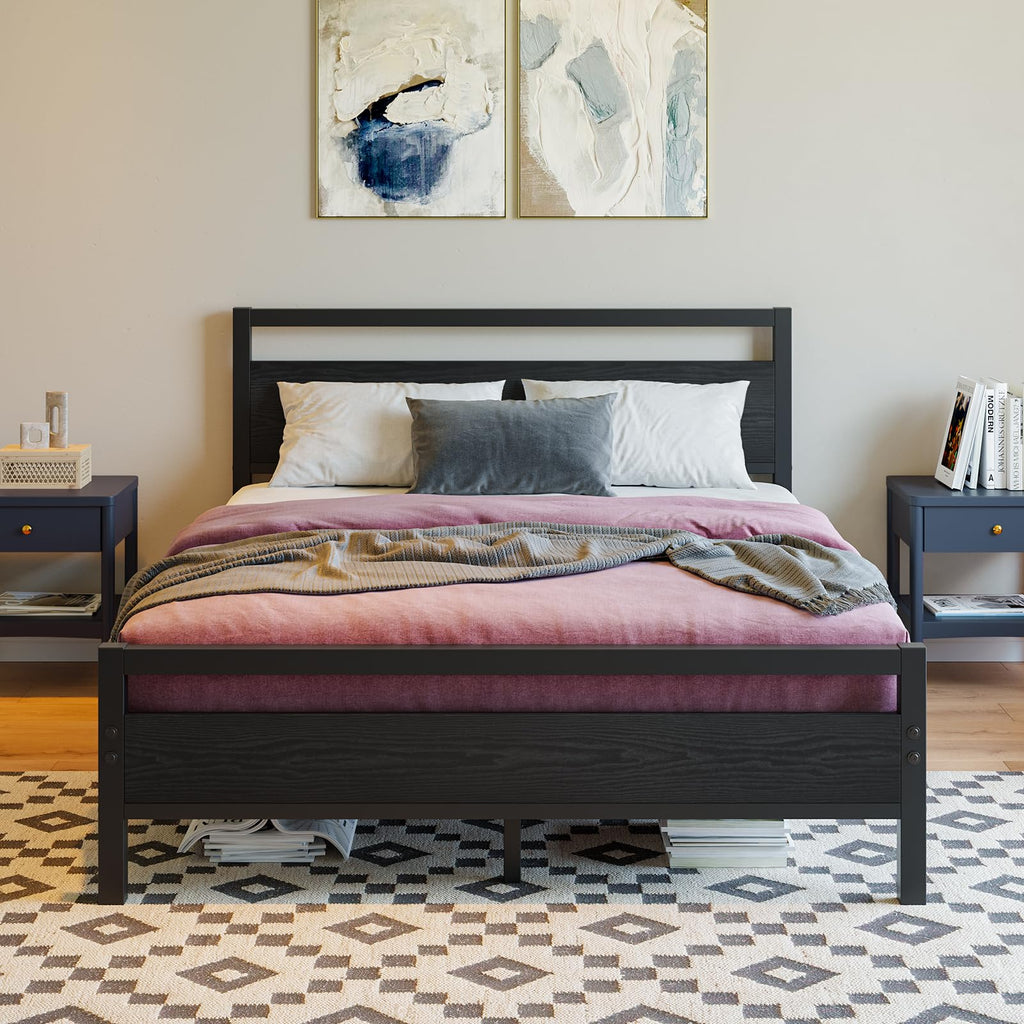 Black Full Size Bed Frame with Wood Headboard and Storage E493