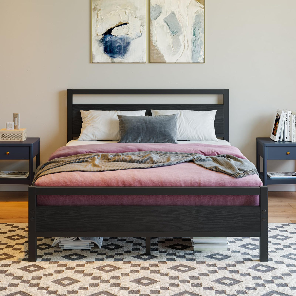 Black Full Size Bed Frame with Wood Headboard and Storage E493