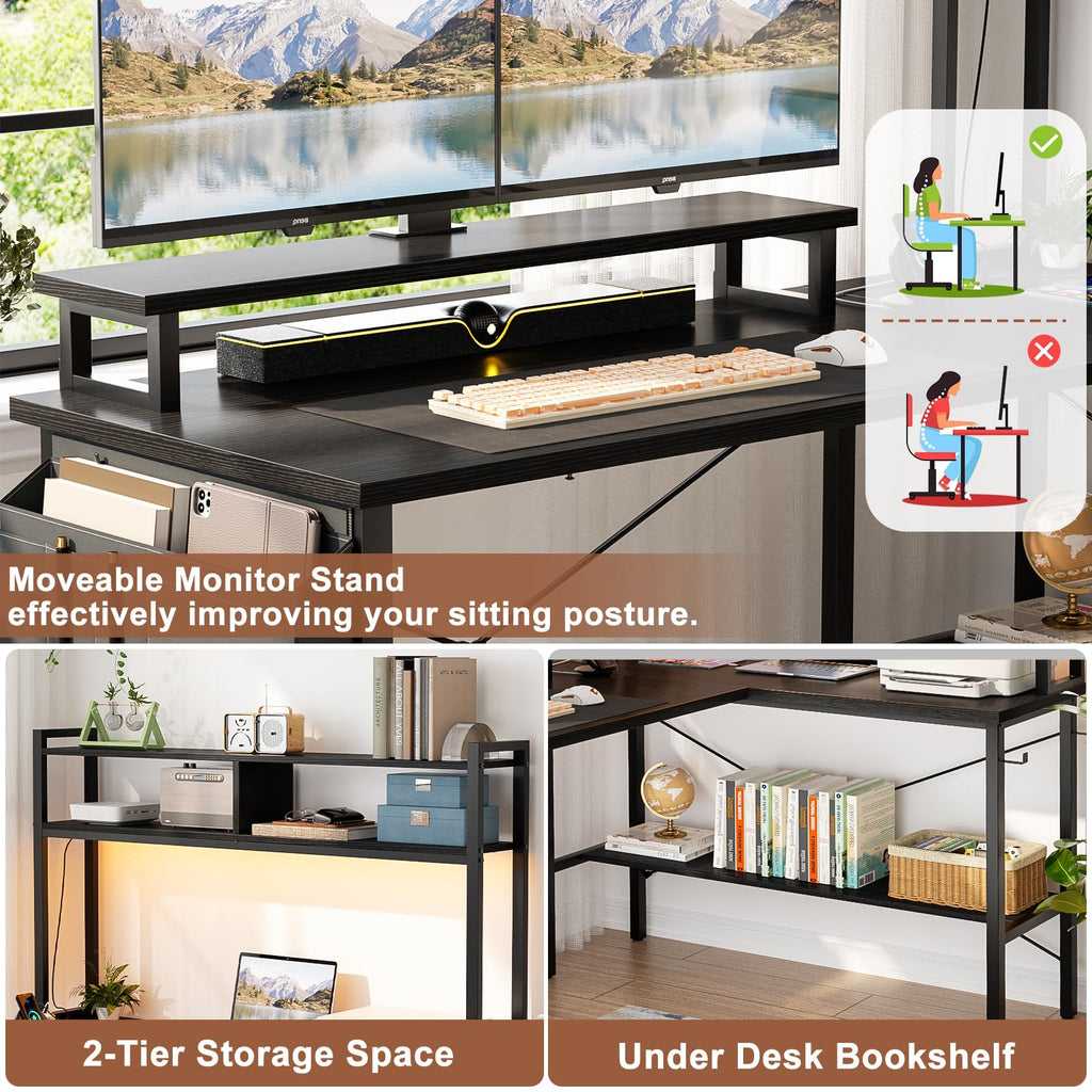 L Shaped Gaming Desk with Power Outlets & LED Lights, Black P177483