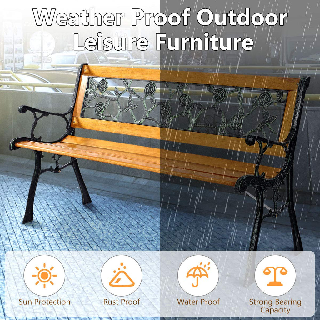 Outdoor Garden Bench with Rose Cast Backrest and Metal Legs H91445