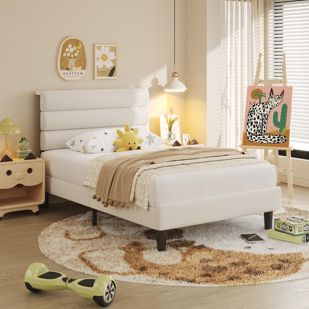 Beige Velvet Upholstered Twin Platform Bed Frame L544