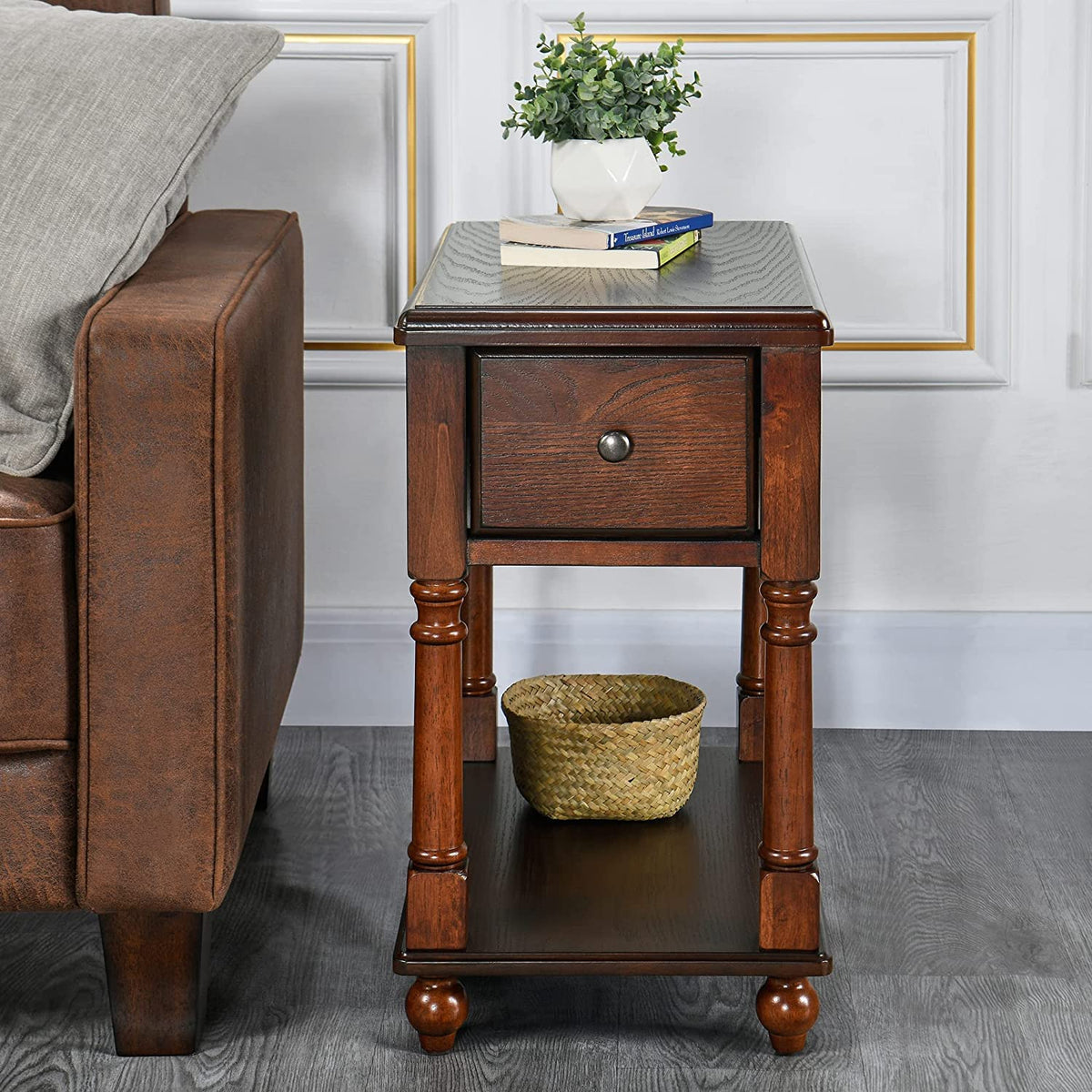 Narrow Wood End Table with Drawer O681
