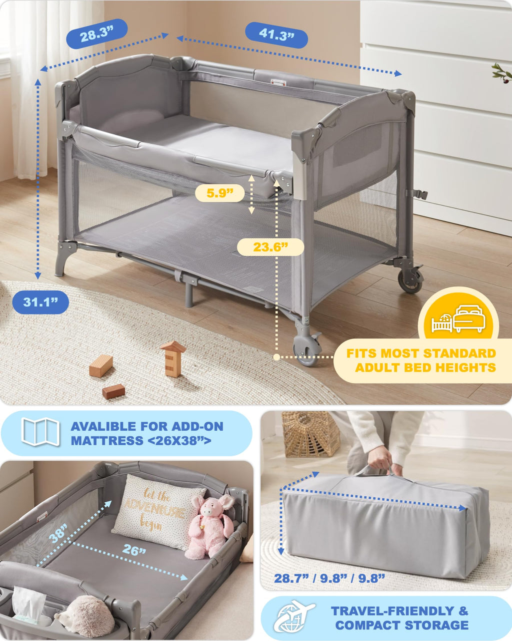 4-in-1 Baby Bassinet Bedside Sleeper, Playard & Changing Table L423