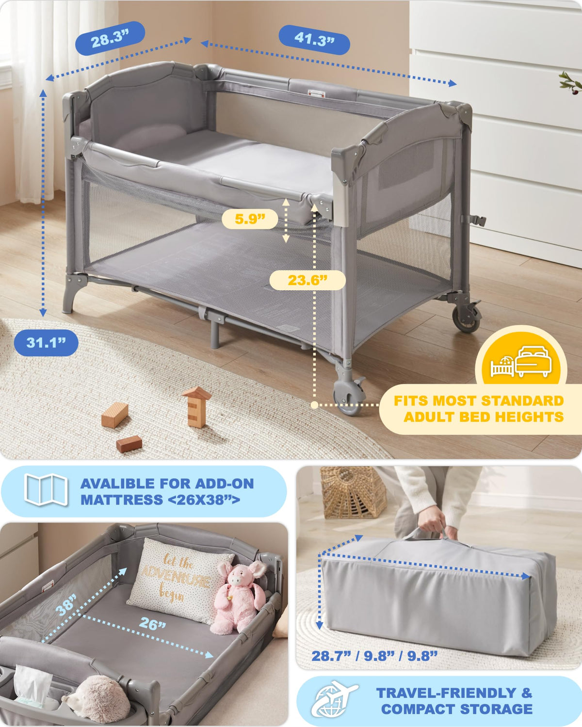 4-in-1 Baby Bassinet Bedside Sleeper, Playard & Changing Table L423