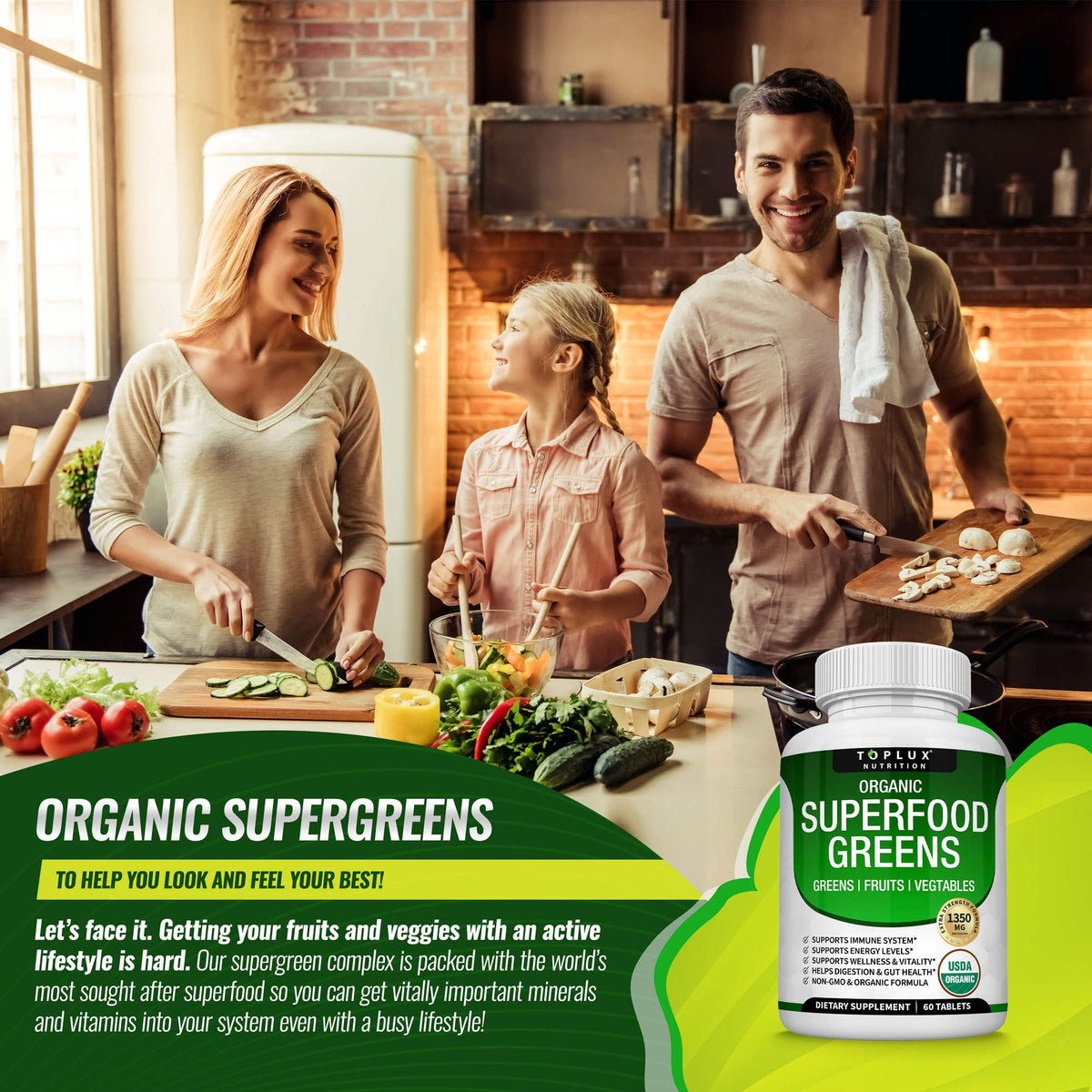 Organic Super Greens Capsules Superfood Supplement 60 Tablets J6003