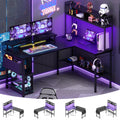 L Shaped Gaming Desk with Power Outlets & LED Lights, Black P177483