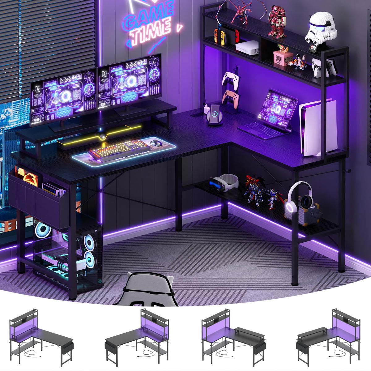 L Shaped Gaming Desk with Power Outlets & LED Lights, Black P177483